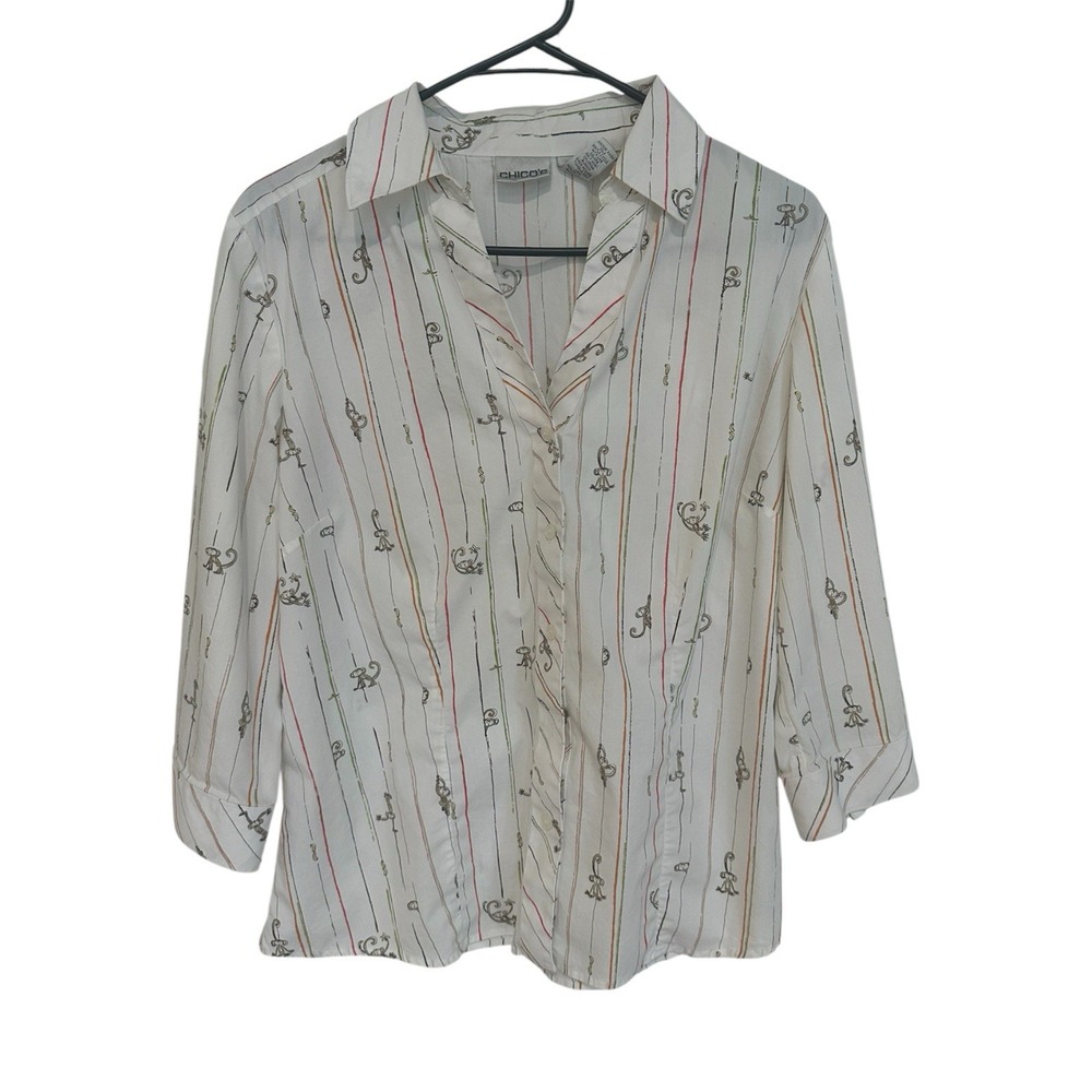 Chicos Blouse top Button Up size 1 Med Monkeys White 3/4 sleeve Stripe Darts